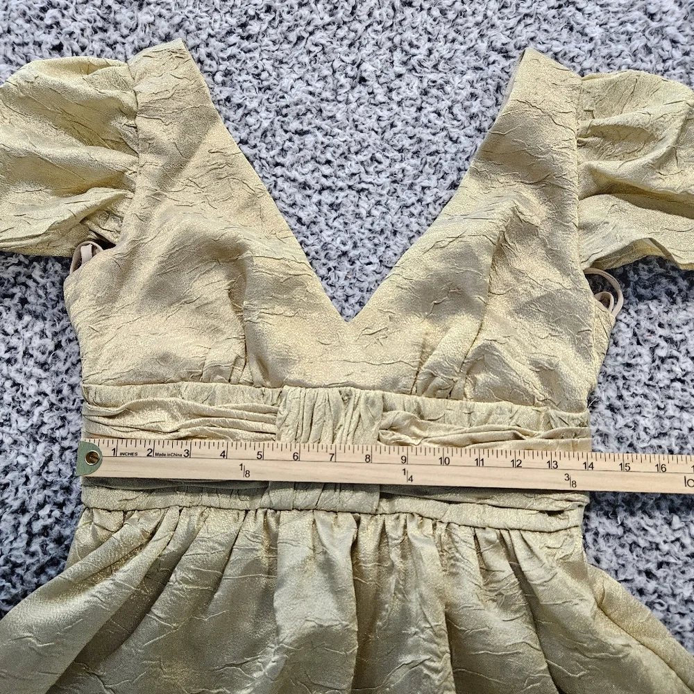 Basix II Gold Mini Dress Sz 4 Small Puff Sleeve Coquette Victorian Wedding Party - Picture 9 of 12